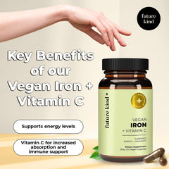 Close-up of Future Kind vegan iron capsules highlighting the soft, easy-to-swallow pills.