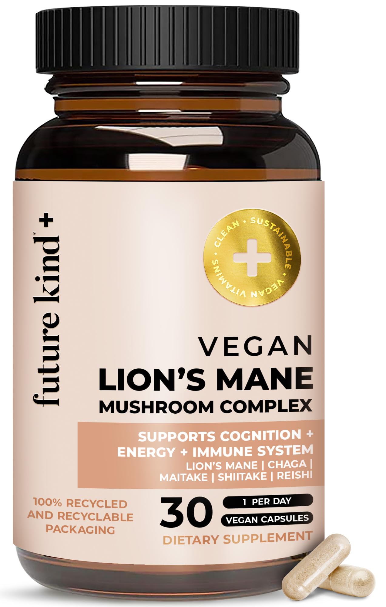 Future Kind Vegan Lion’s Mane bottle for daily cognitive support.