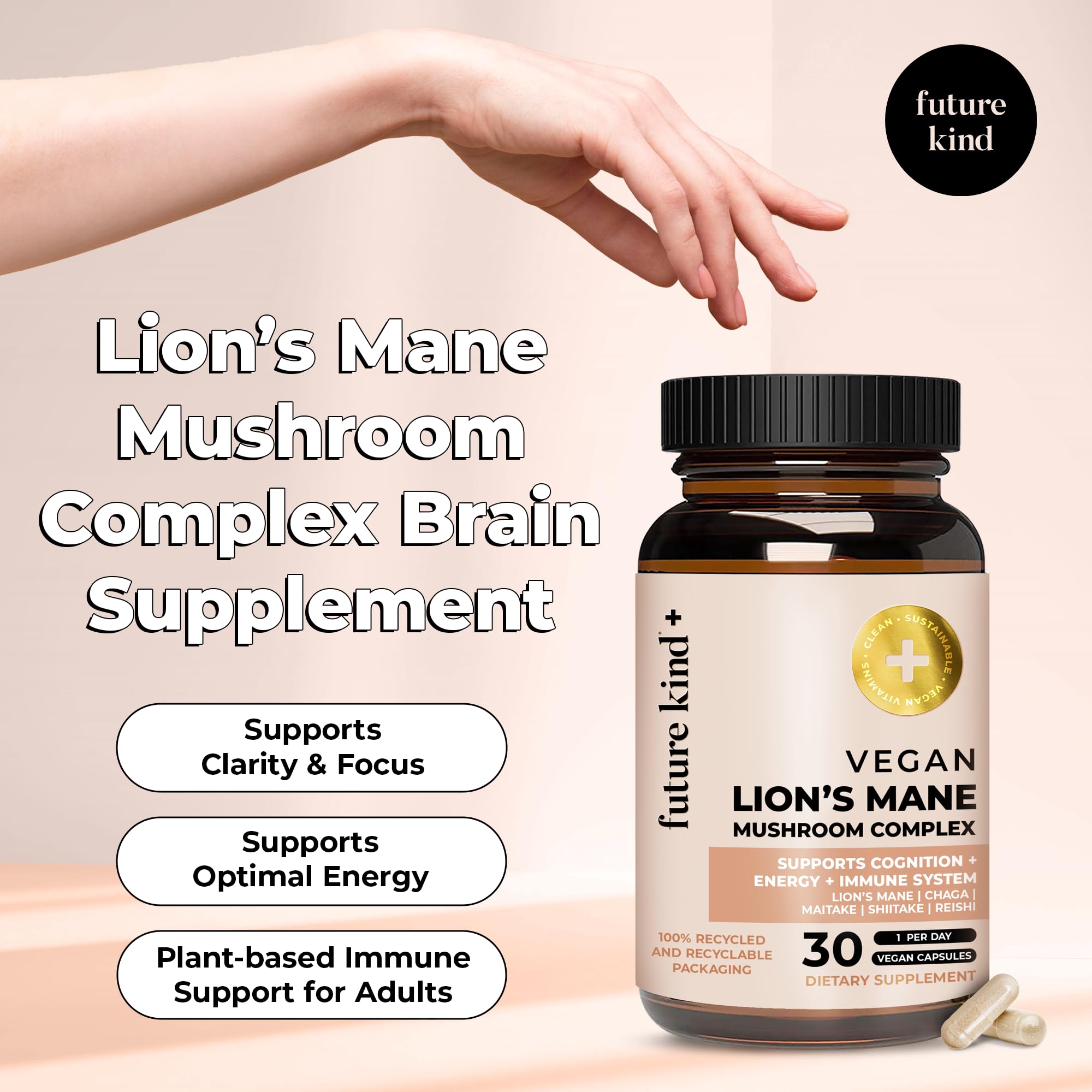 Future Kind Lion’s Mane capsules on hand for focus and energy.