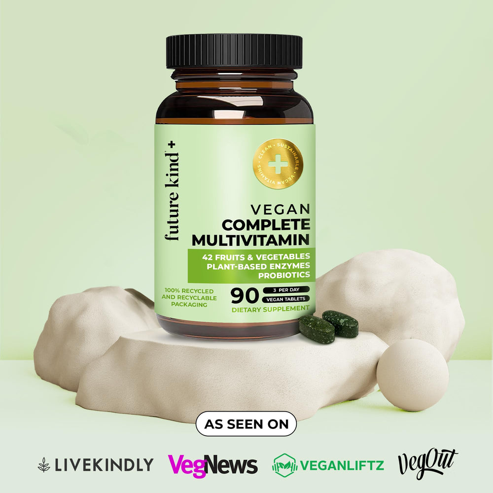 Future Kind Vegan Multivitamins Complete recycled glass bottle emphasizes eco-friendly packaging.