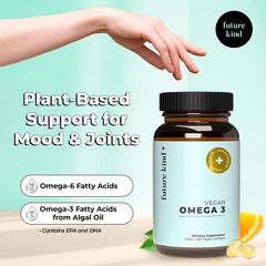 Future Kind vegan omega-3 bottle label closeup highlighting carrageenan-free algae source