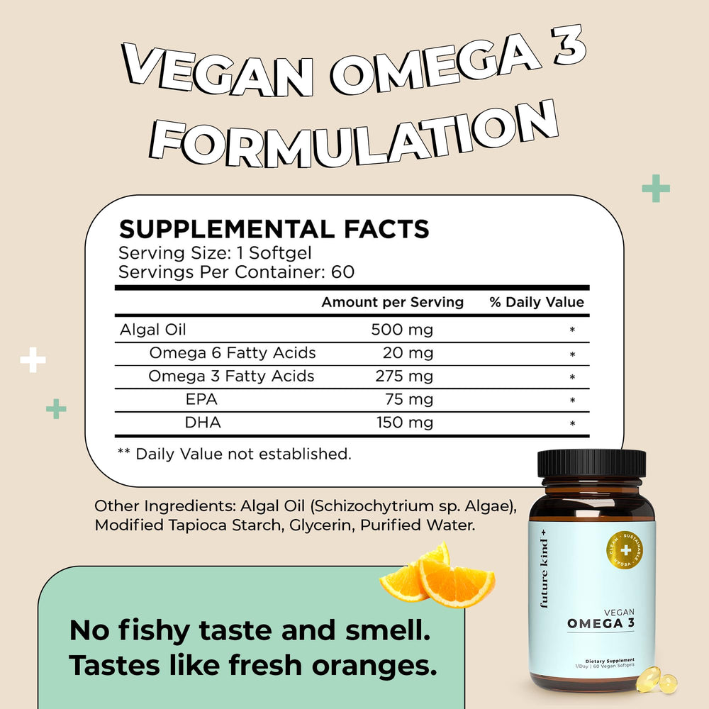 Future Kind vegan omega-3 USA-made GMP facility badge on packaging