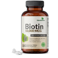 Futurebiotics Biotin 10,000 mcg tablets in bottle for daily hair and nail support.