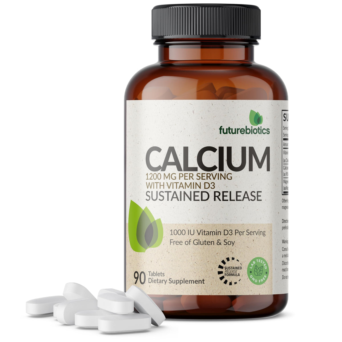 Futurebiotics calcium 1200mg tablet close-up, showing sustained release for steady calcium delivery.