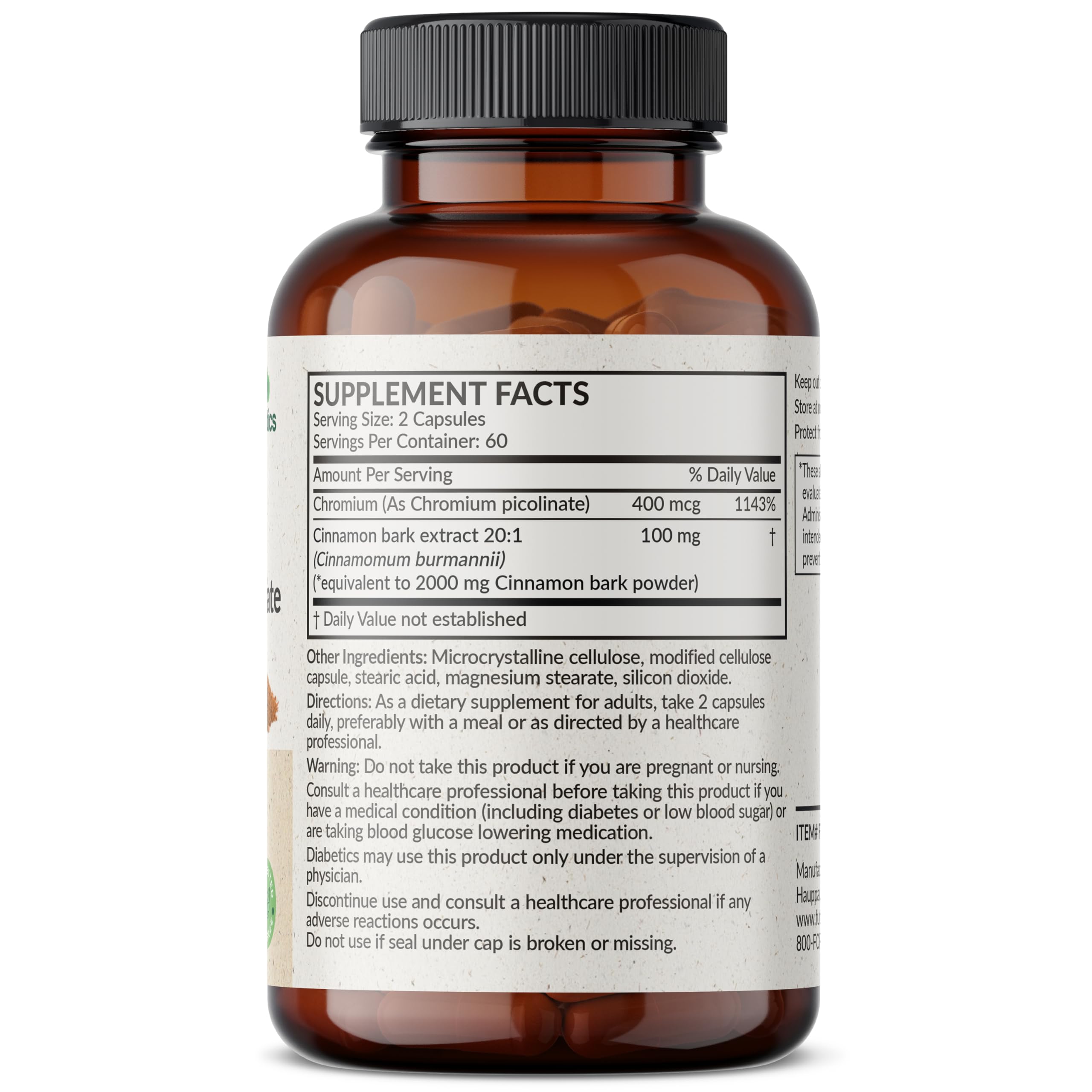 Capsules closeup of Futurebiotics Cinnamon Plus Chromium, easy-to-take daily supplement.