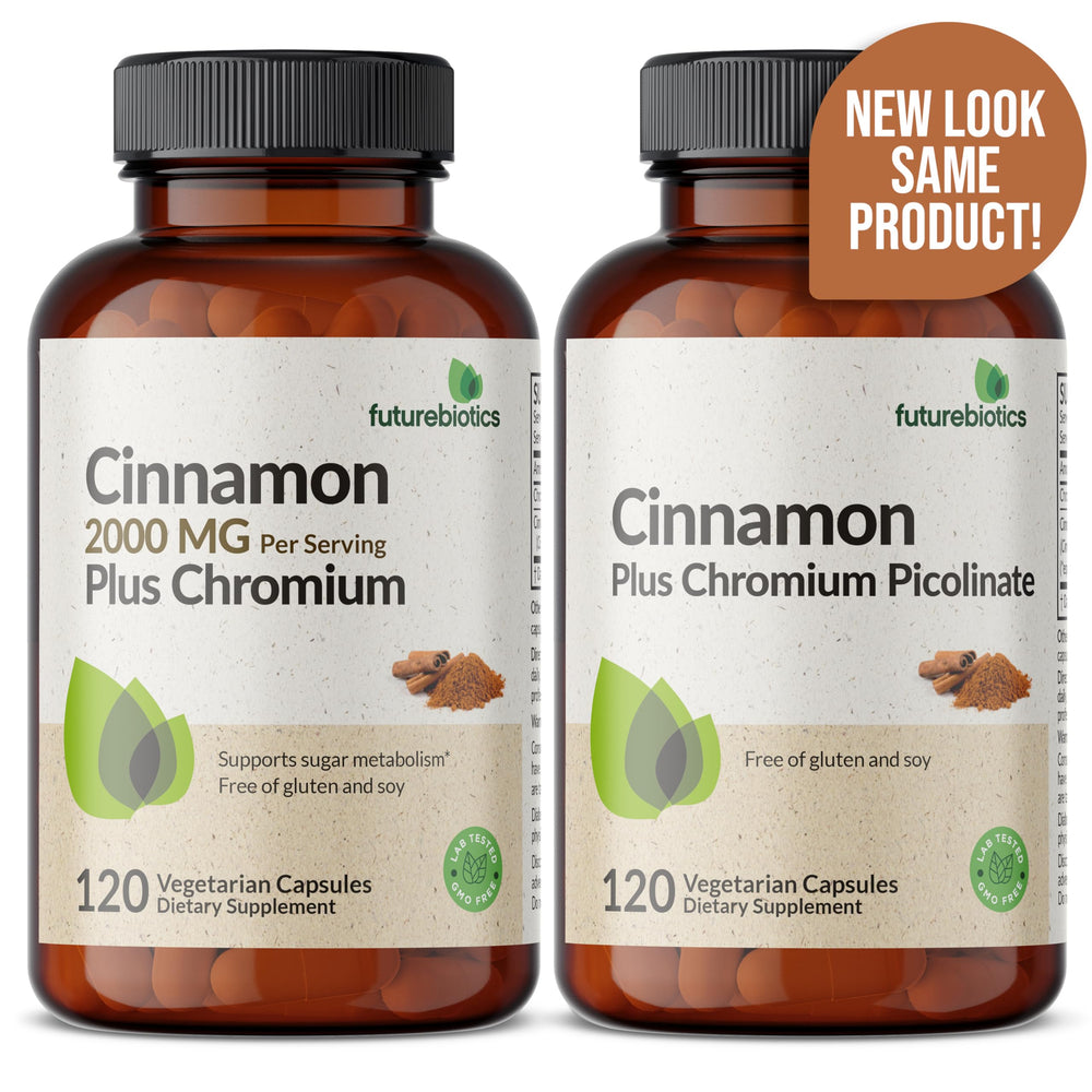 Label detail of Futurebiotics Cinnamon Plus Chromium, clear GMO-free and allergen information.