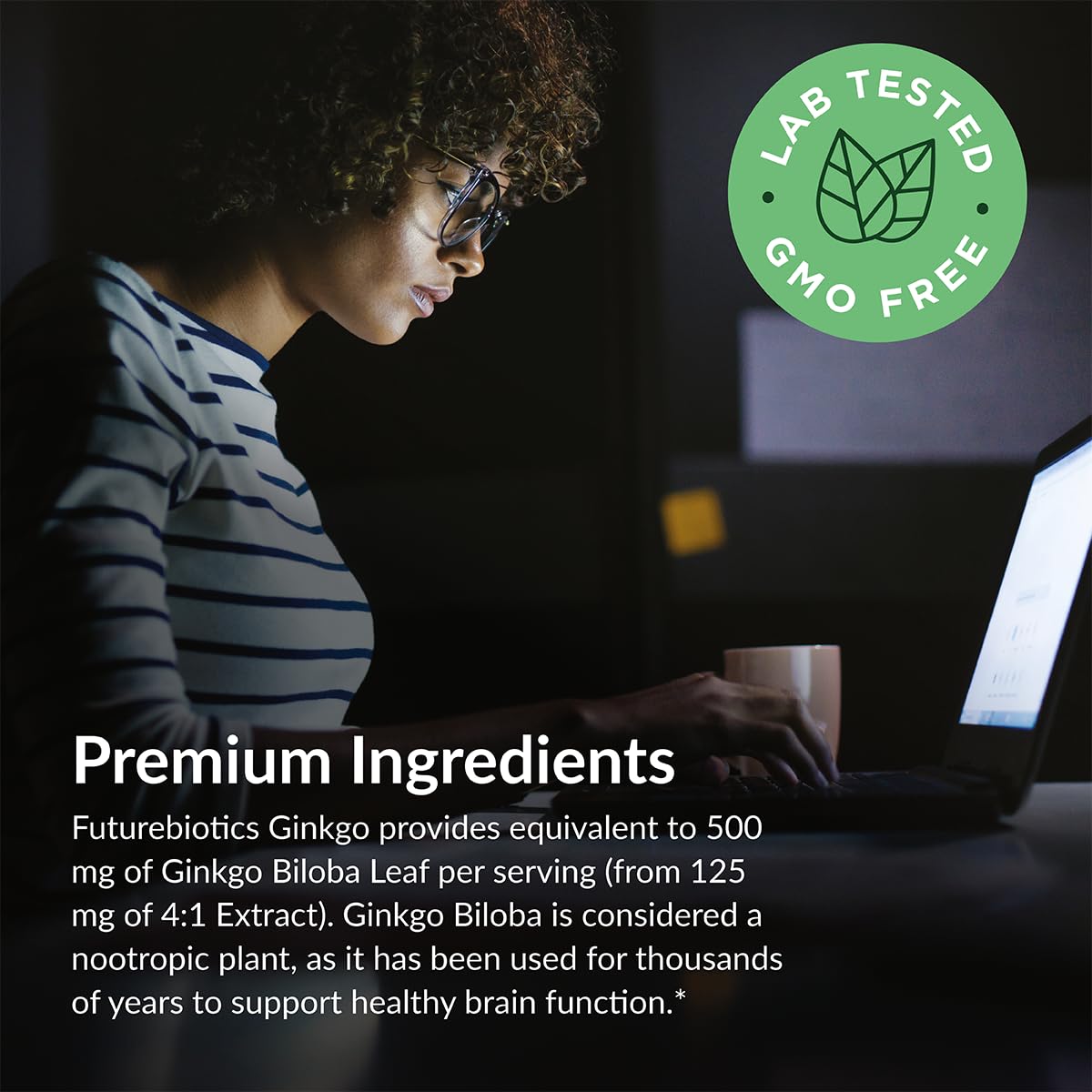Futurebiotics Ginkgo ingredients panel emphasizes GMO free purity
