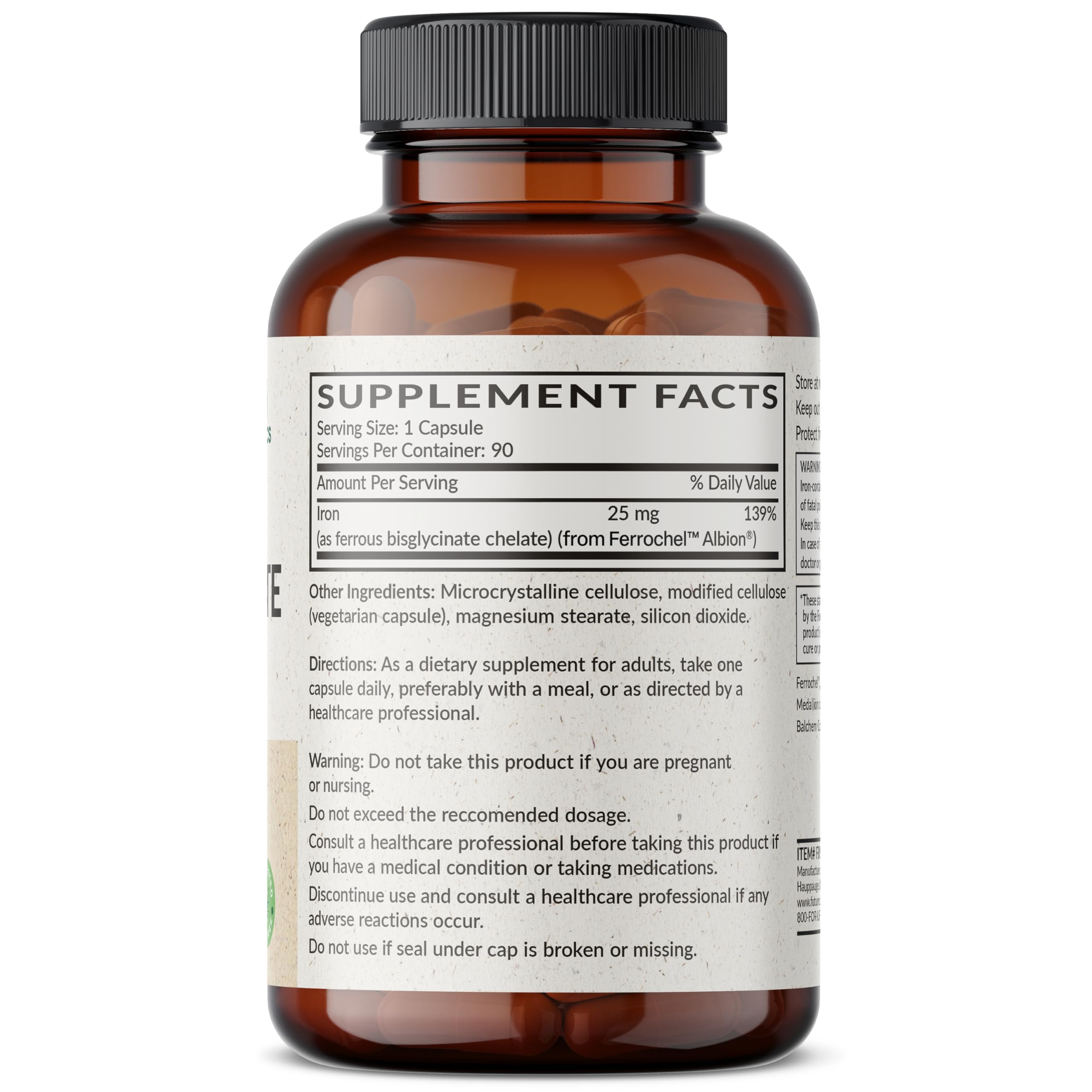 Futurebiotics Iron Bisglycinate capsules close-up for easy swallowing