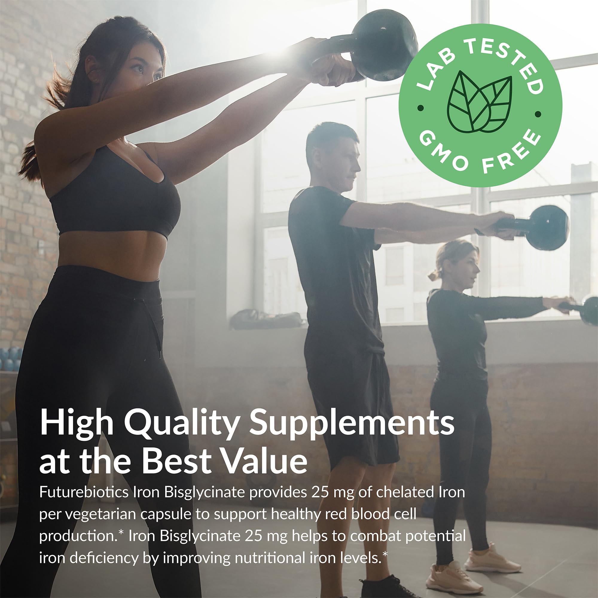 Futurebiotics Iron Bisglycinate nutrition panel with 25 mg per capsule