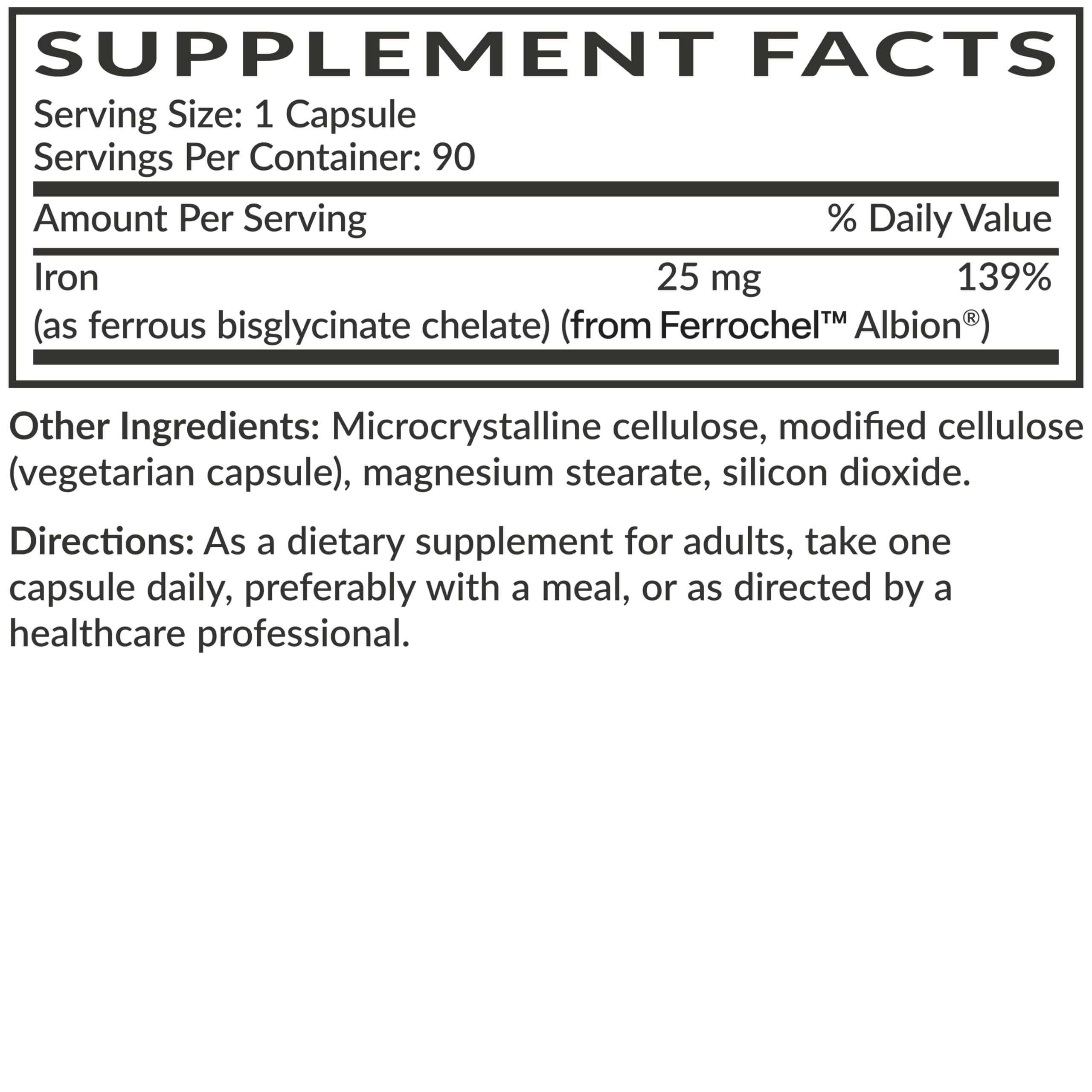 Futurebiotics Iron Bisglycinate bottle with water to emphasize non-constipating formula