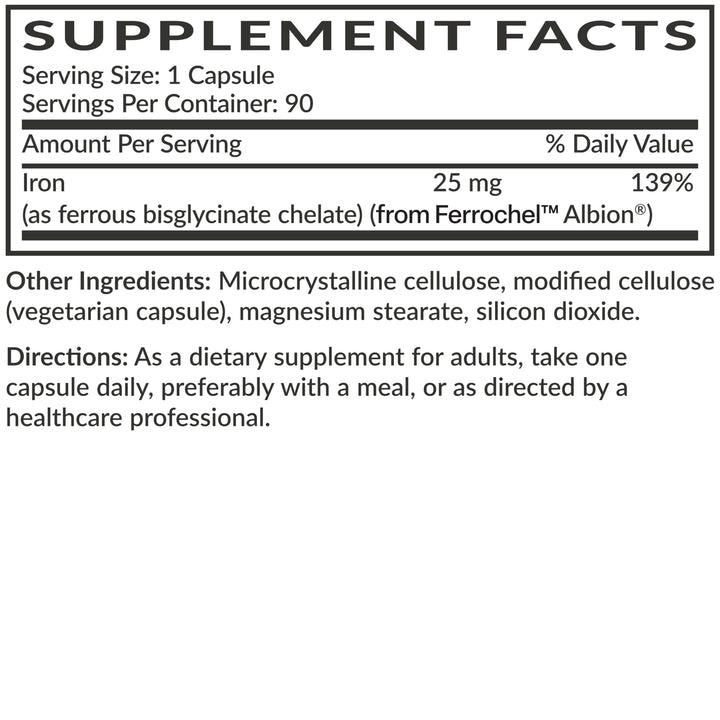 Futurebiotics Iron Bisglycinate bottle with water to emphasize non-constipating formula