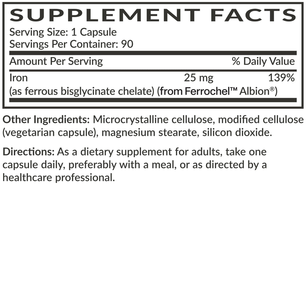 Futurebiotics Iron Bisglycinate bottle with water to emphasize non-constipating formula