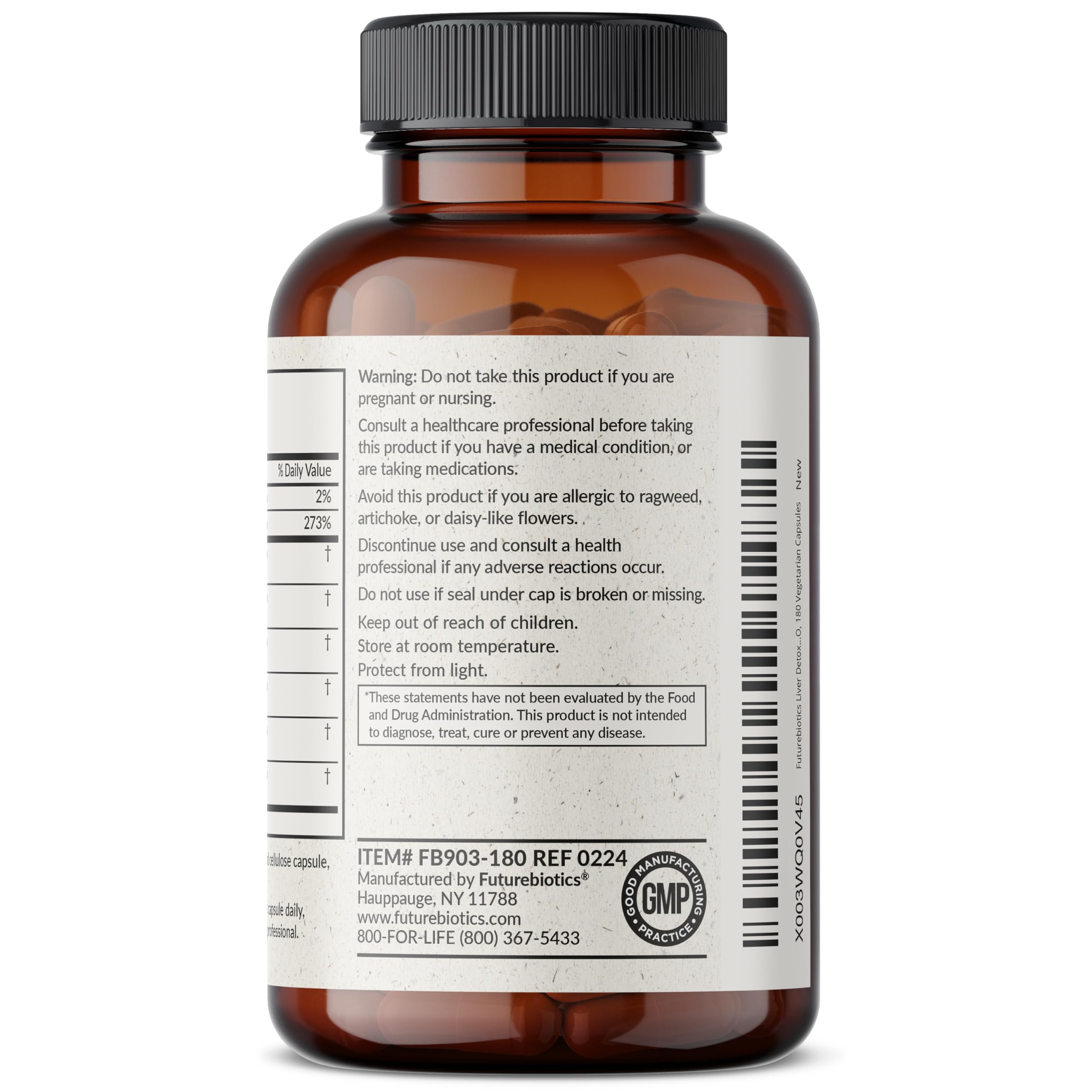 Futurebiotics Liver Detox bottle label closeup highlighting vegan, non-GMO formula.