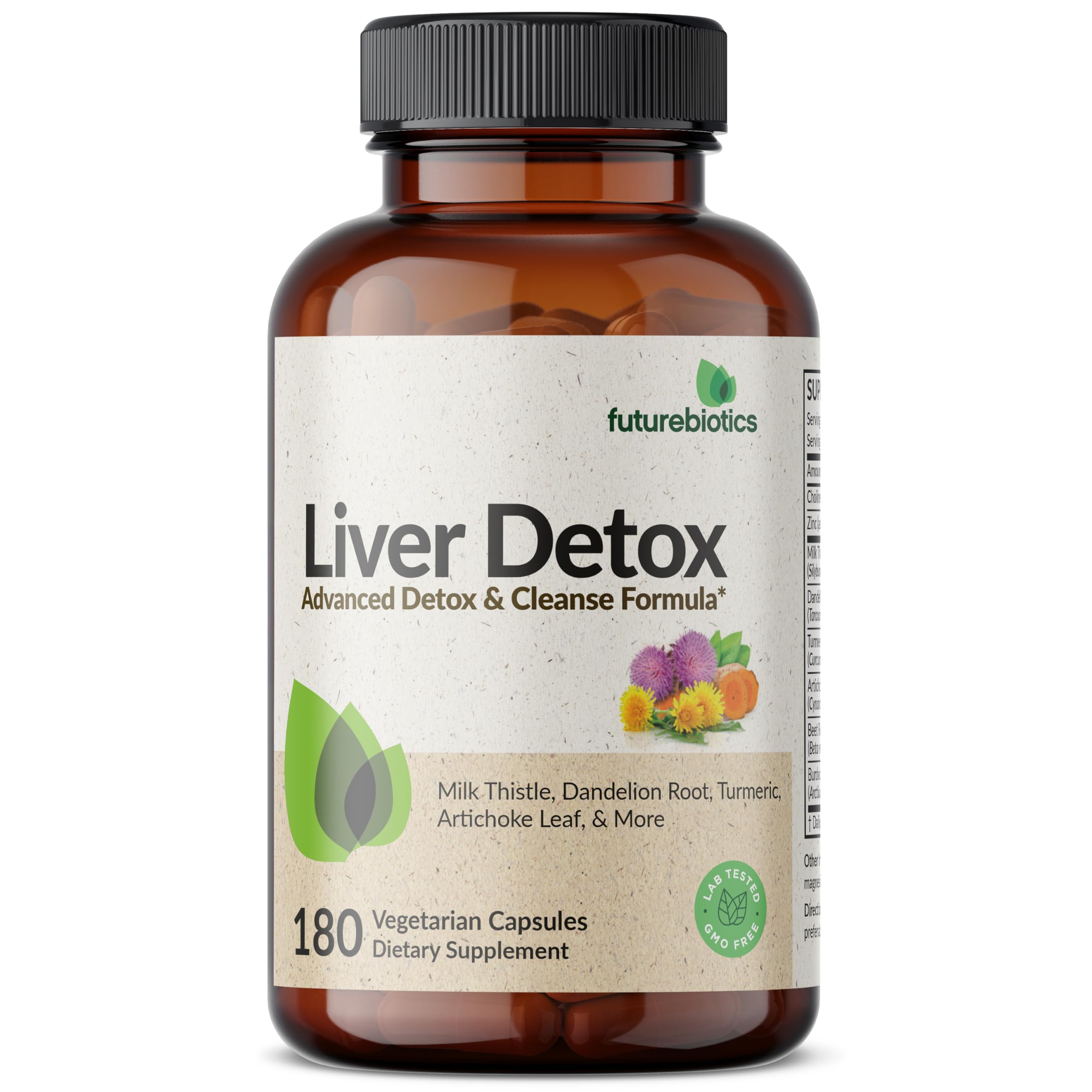 Futurebiotics Liver Detox capsules closeup emphasizes premium herbs for detox support.