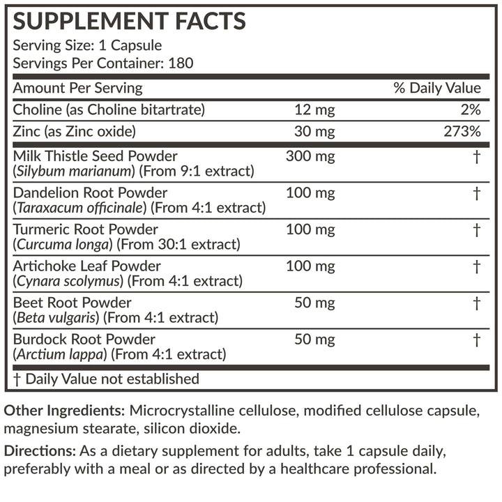Futurebiotics Liver Detox ingredients chart closeup features milk thistle and artichoke.