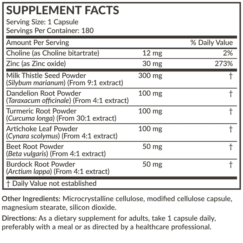 Futurebiotics Liver Detox ingredients chart closeup features milk thistle and artichoke.