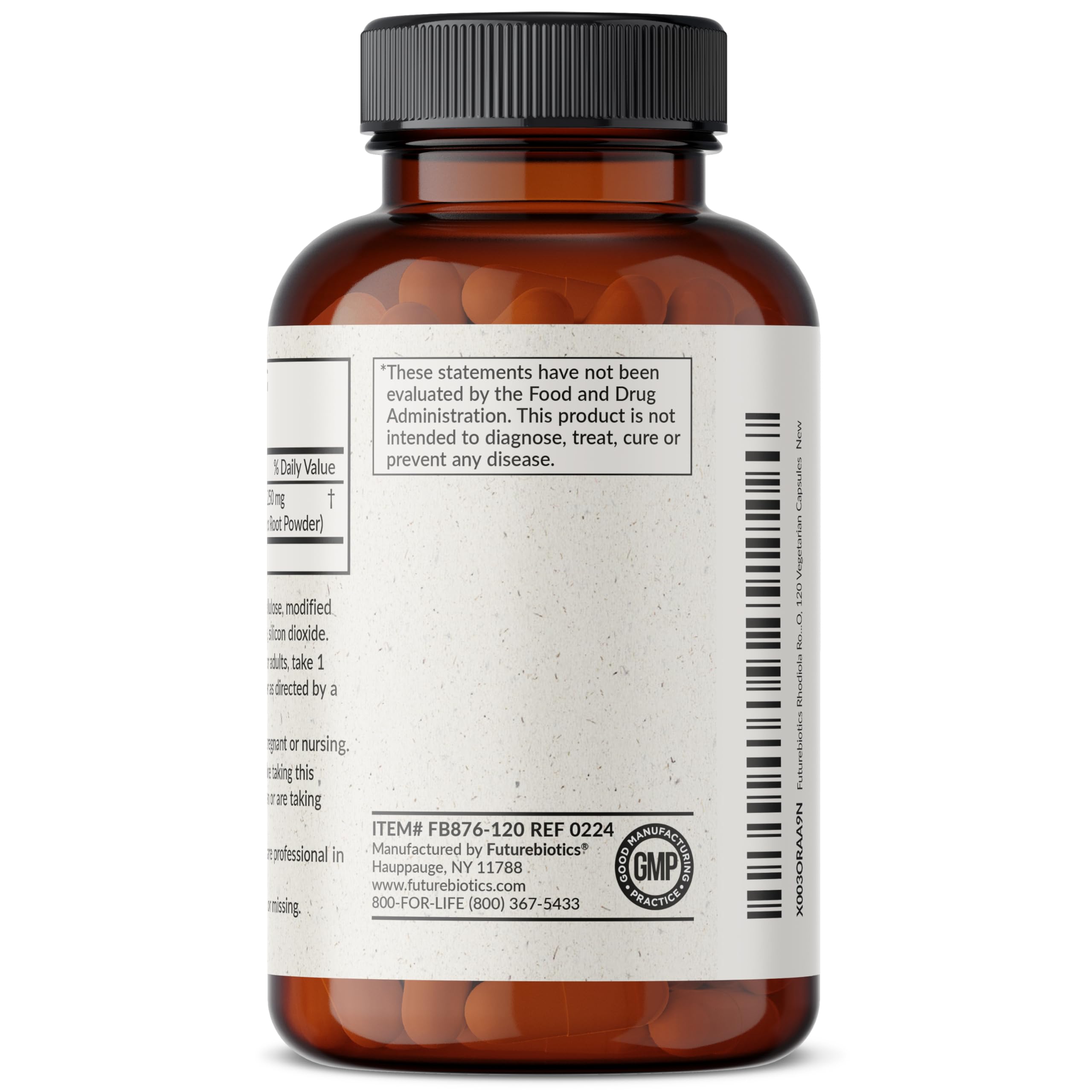 Bottle label of Futurebiotics Rhodiola Rosea, highlighting GMO-free and quality manufacturing.