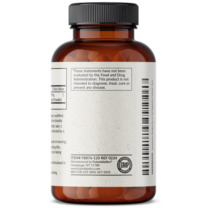 Bottle label of Futurebiotics Rhodiola Rosea, highlighting GMO-free and quality manufacturing.