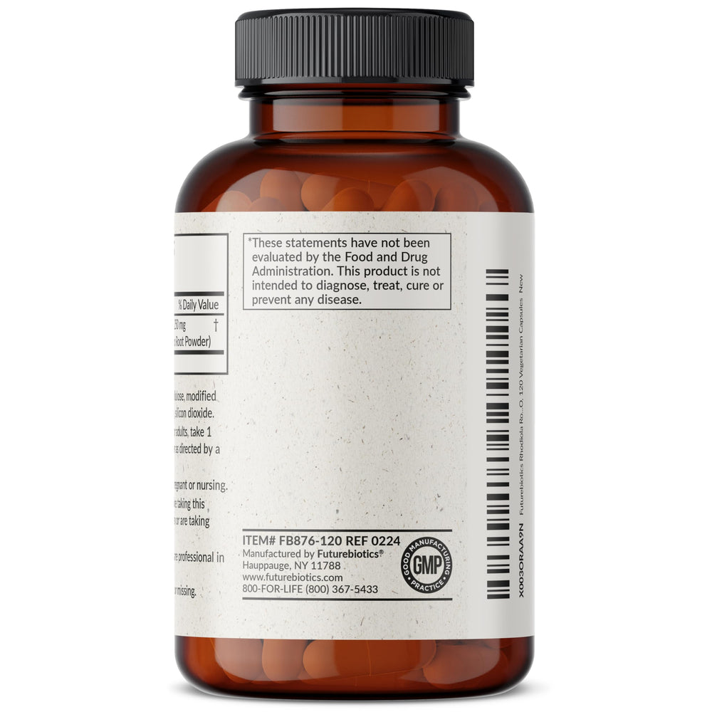 Bottle label of Futurebiotics Rhodiola Rosea, highlighting GMO-free and quality manufacturing.