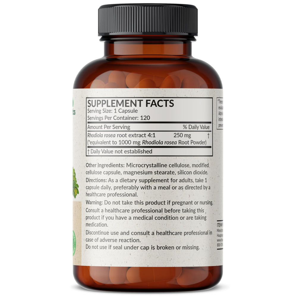 Close-up of Futurebiotics Rhodiola Rosea capsule, compact vegan-friendly daily use.