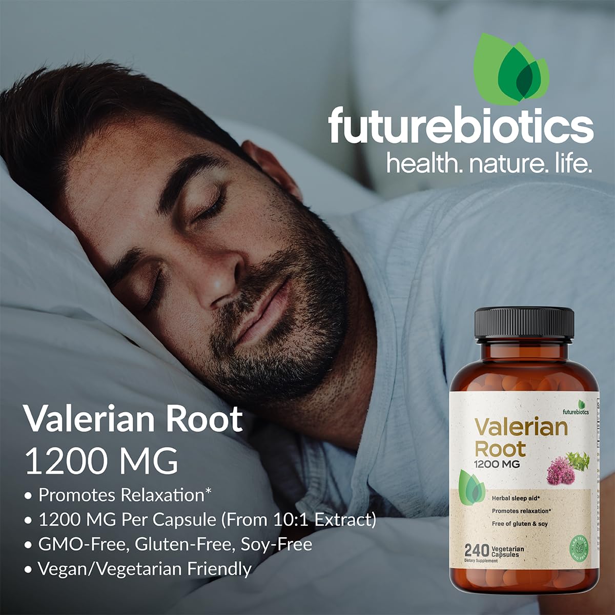 FutureBiotics valerian root label highlights non-GMO and gluten-free quality