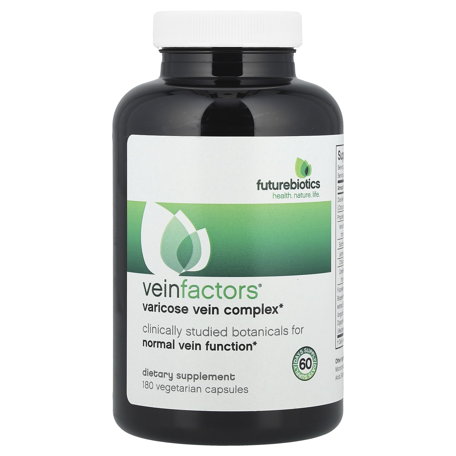 Futurebiotics VeinFactors bottle and label, signaling daily vein support.