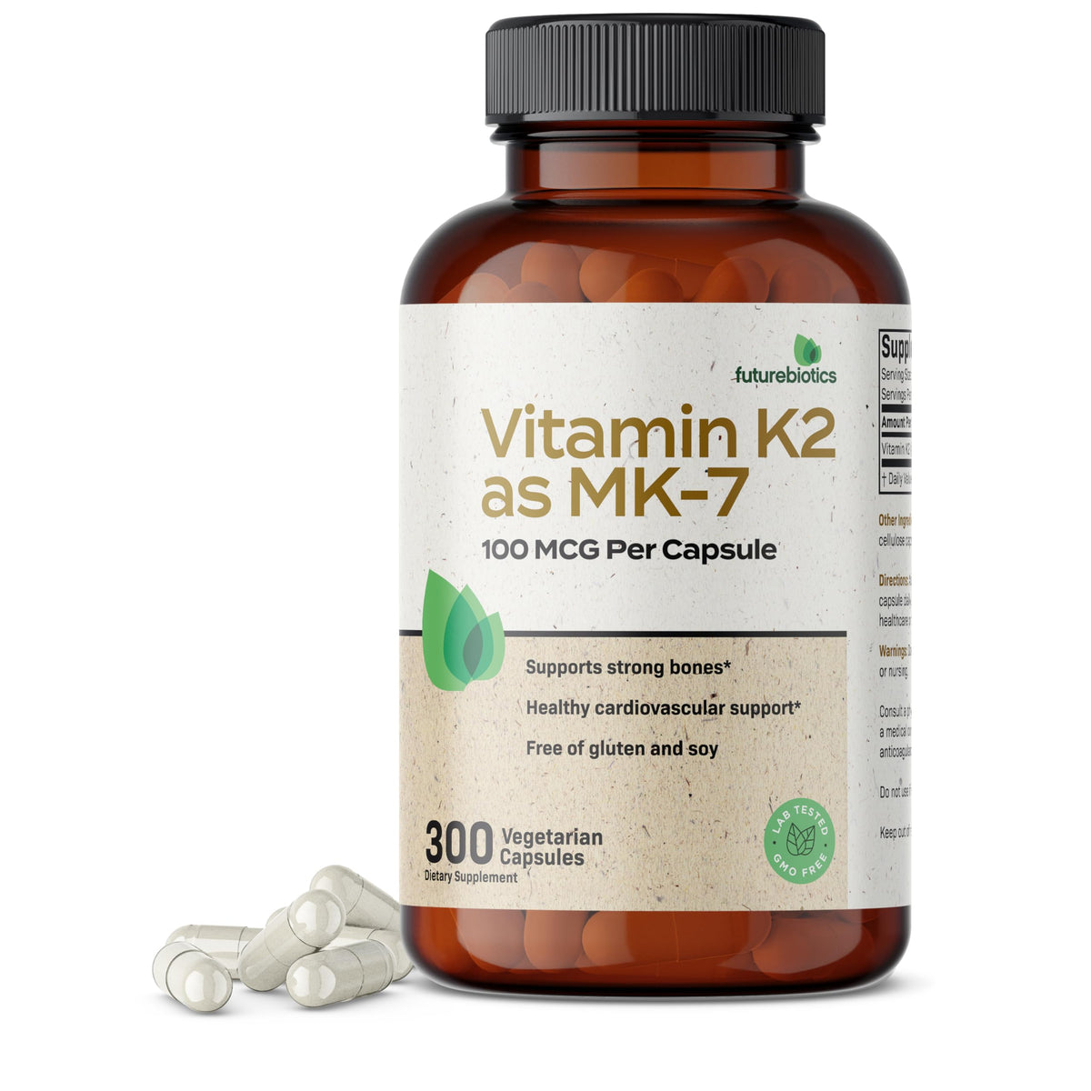 Futurebiotics Vitamin K2 MK-7 bottle label for non-GMO bone support