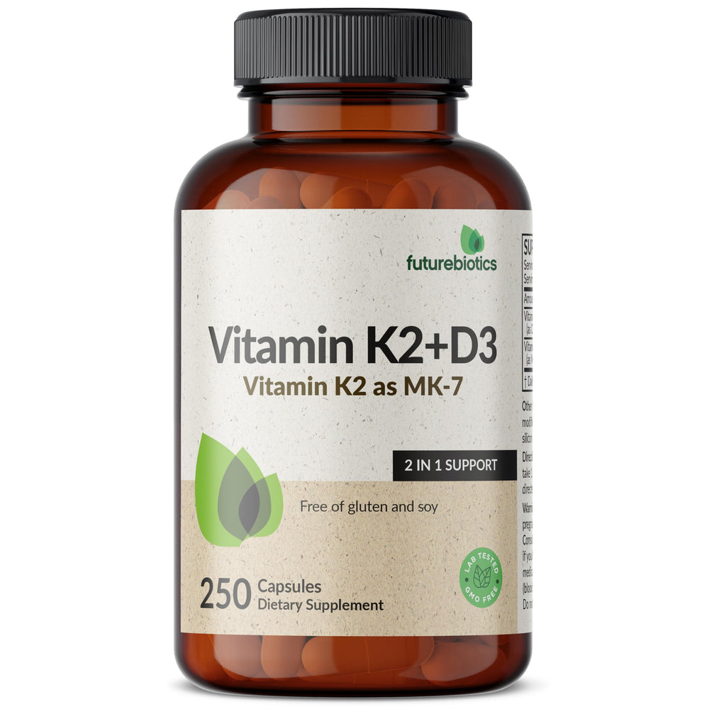 Top view of Futurebiotics K2 MK-7 D3 bottle highlighting non-GMO formula.
