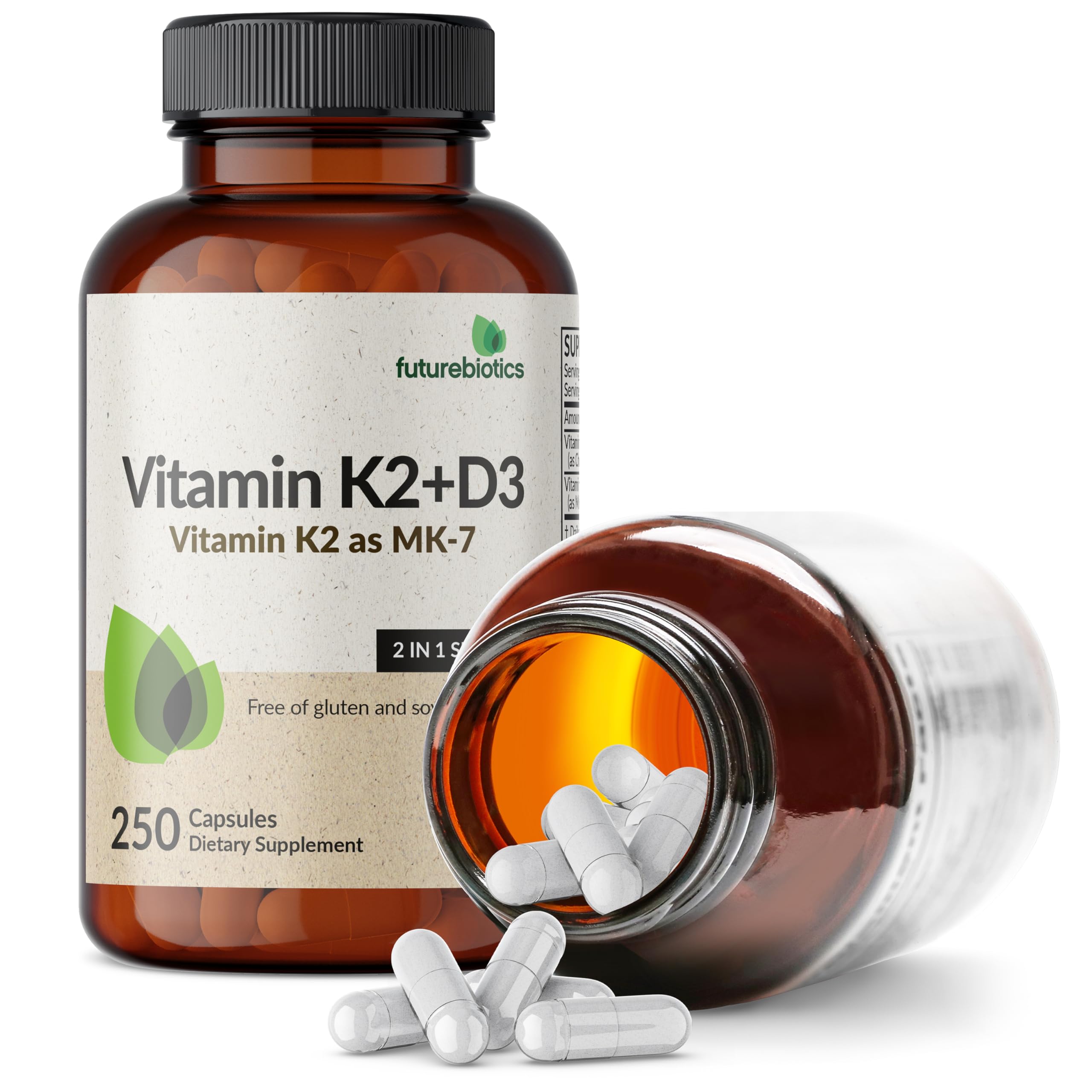 Capsules packaging of Futurebiotics K2 MK-7 D3 on the bottle.