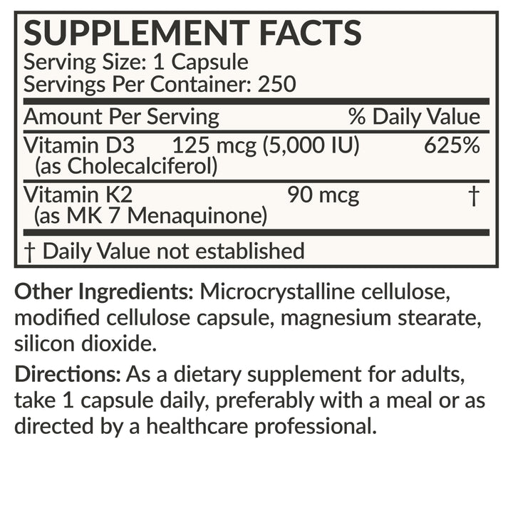 Nutrition facts panel visible on Futurebiotics K2 MK-7 D3 bottle.