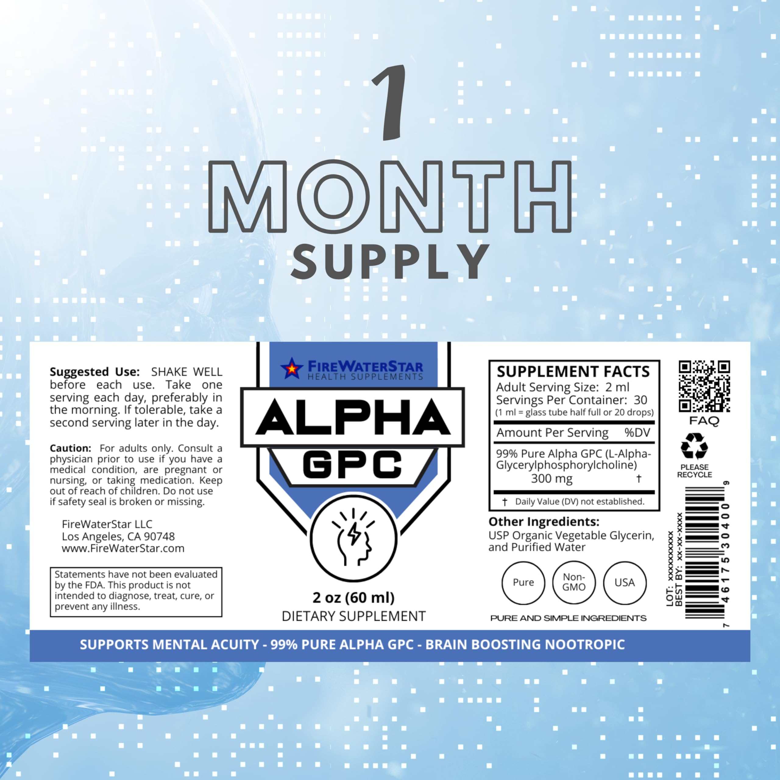 FWS Alpha GPC bottle label close-up highlights 99% purity and quality