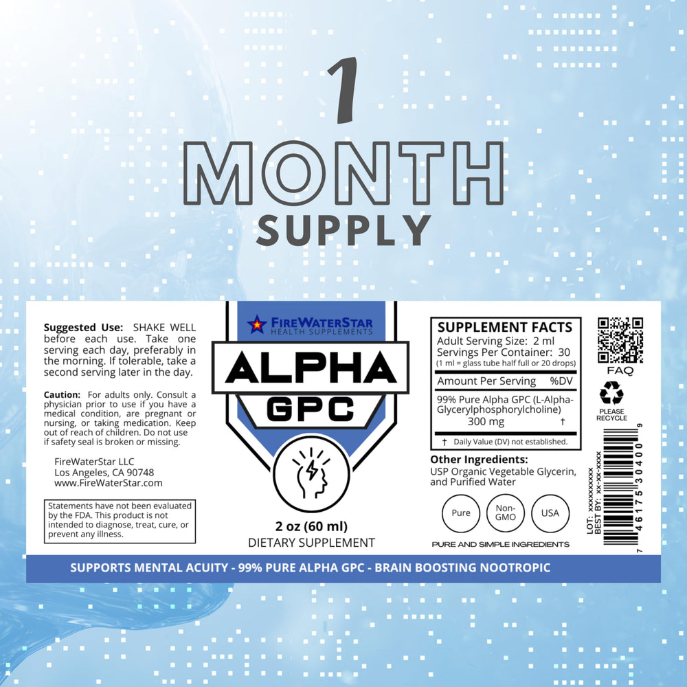 FWS Alpha GPC bottle label close-up highlights 99% purity and quality