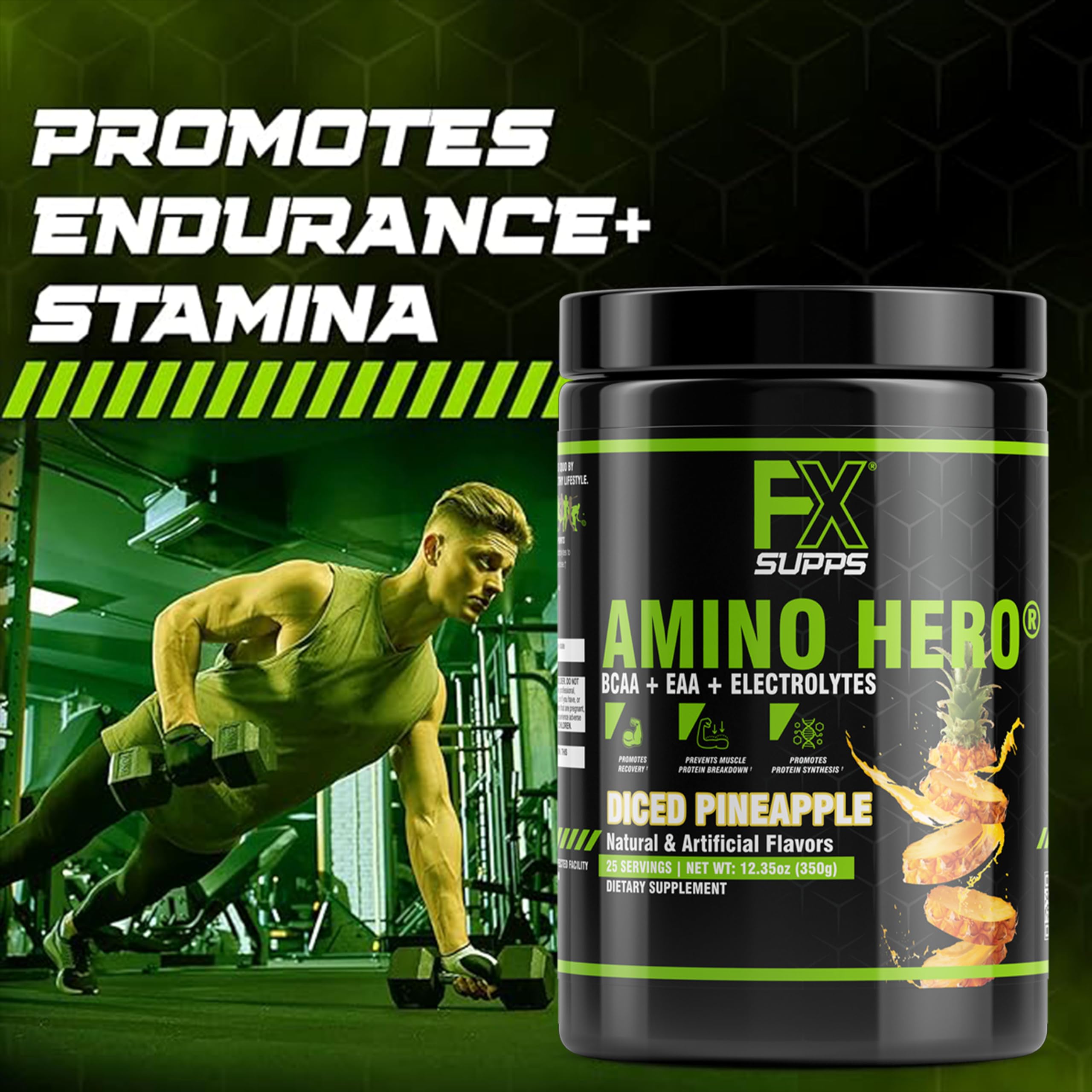 FXSUPPS branded bottle beside a glass highlighting energy support.