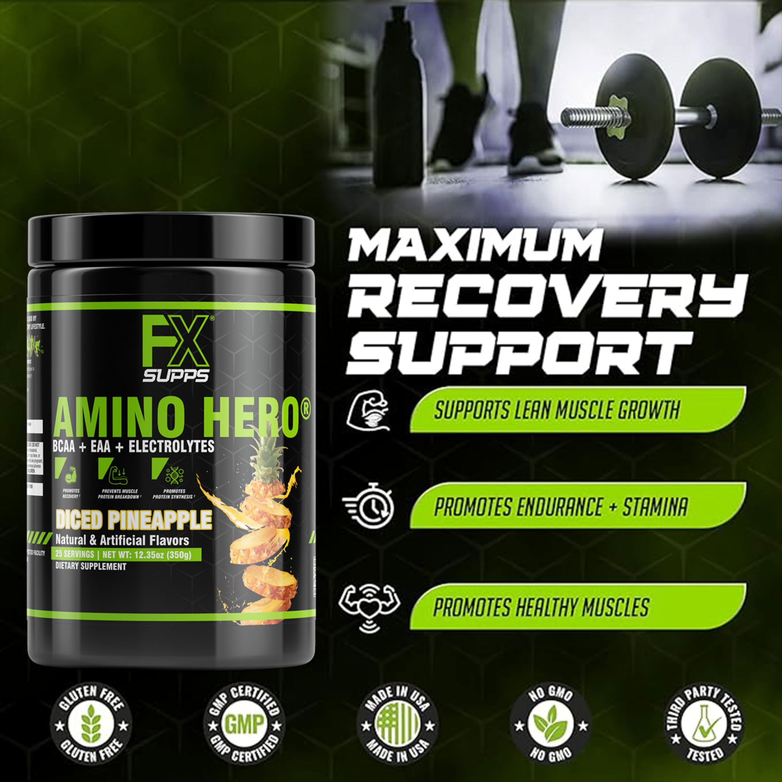 Chilled pineapple-flavored Amino Hero ready for post-workout recovery.