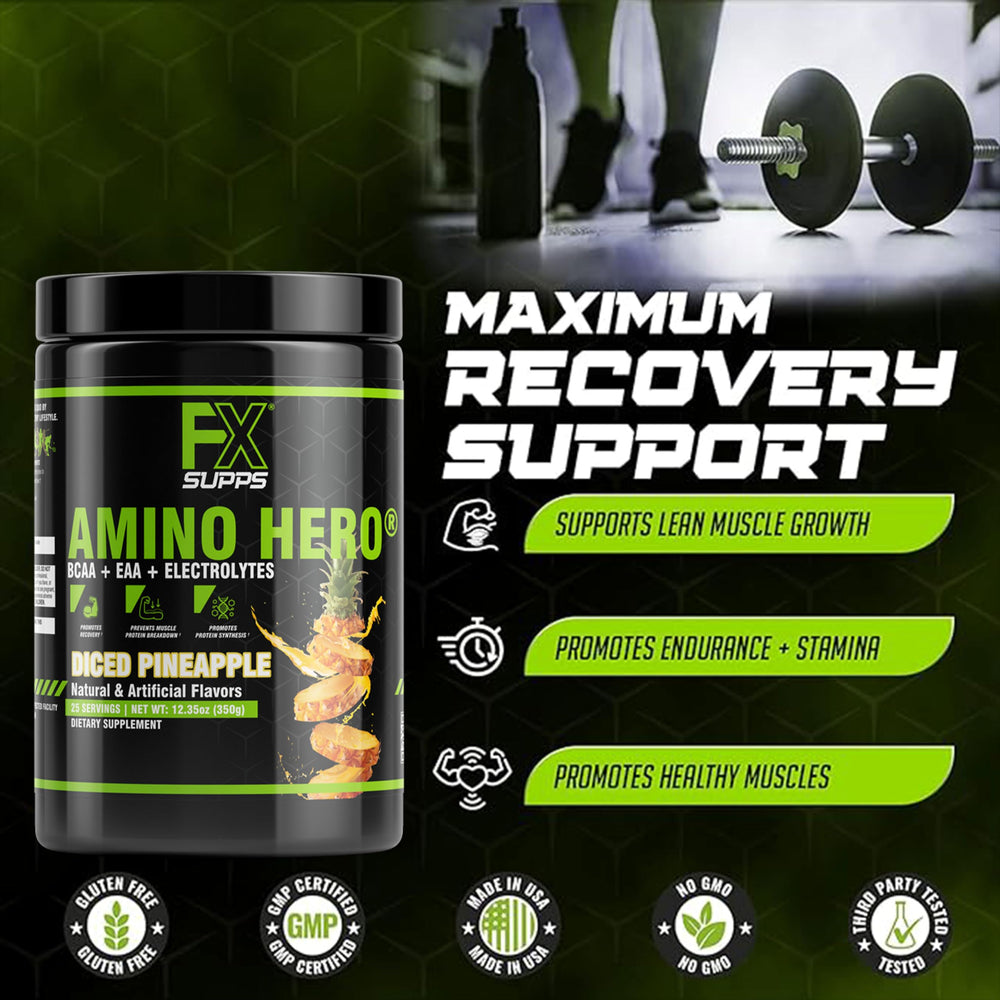 Chilled pineapple-flavored Amino Hero ready for post-workout recovery.
