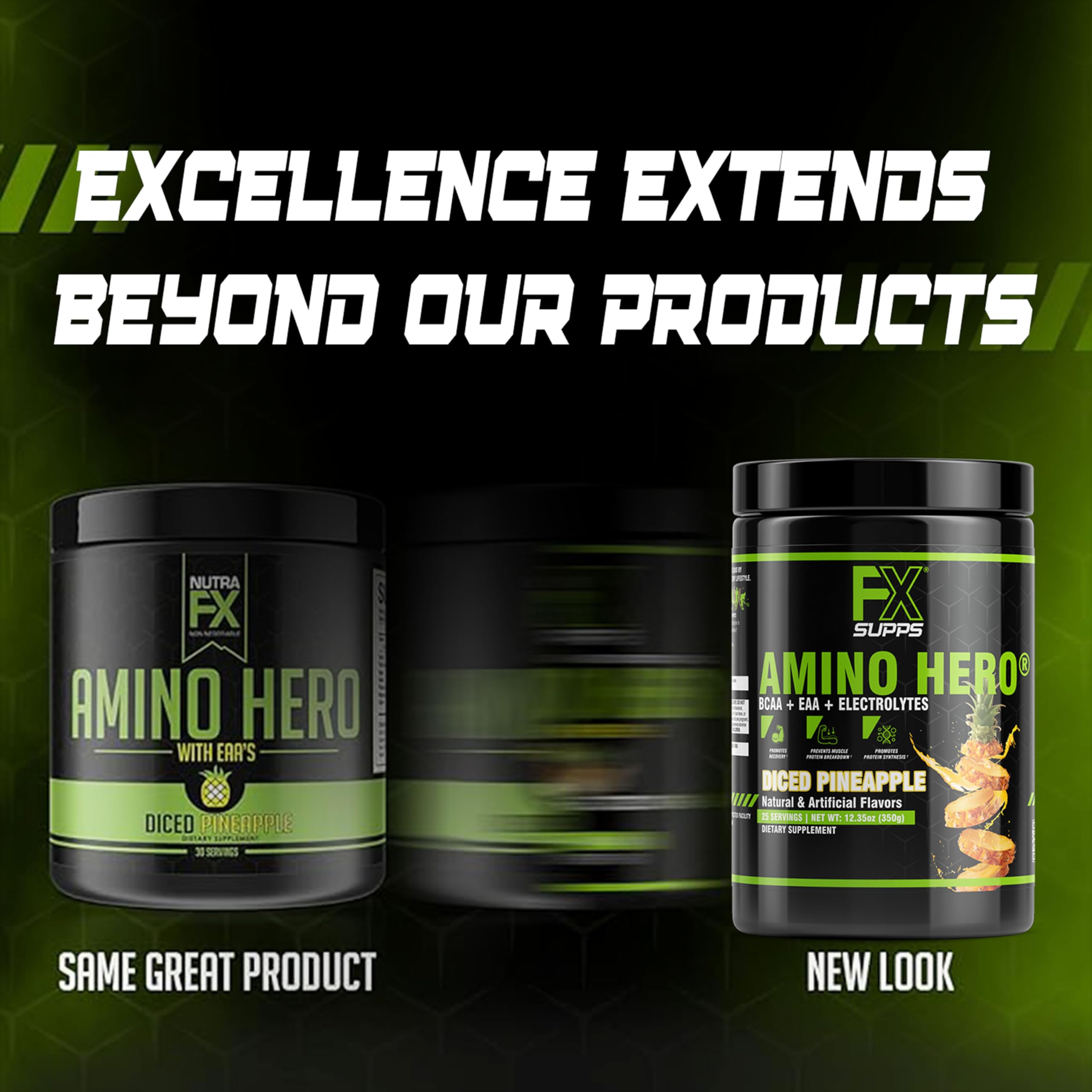 Close-up of Amino Hero label emphasizing BCAA and EAA content.