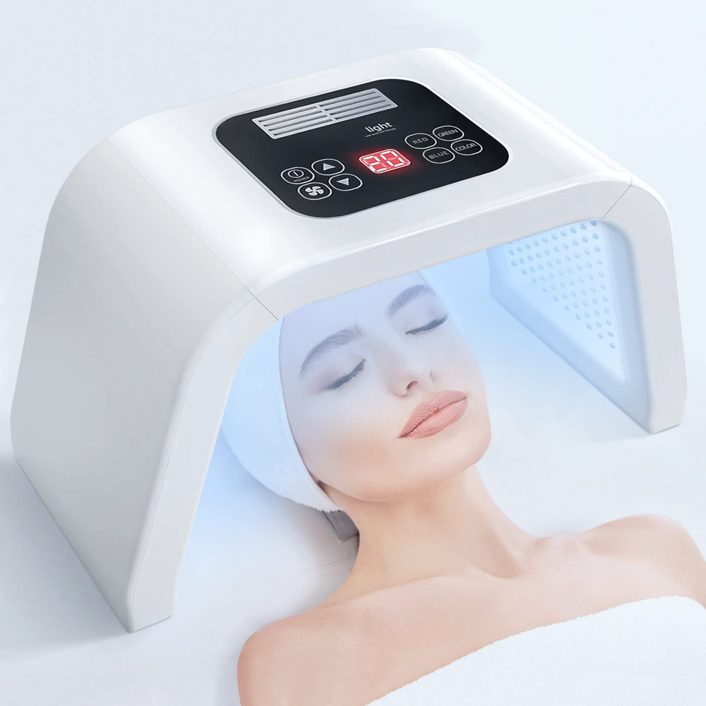 FXXXCUWUU LED therapy face close-up, enabling at-home skincare sessions.