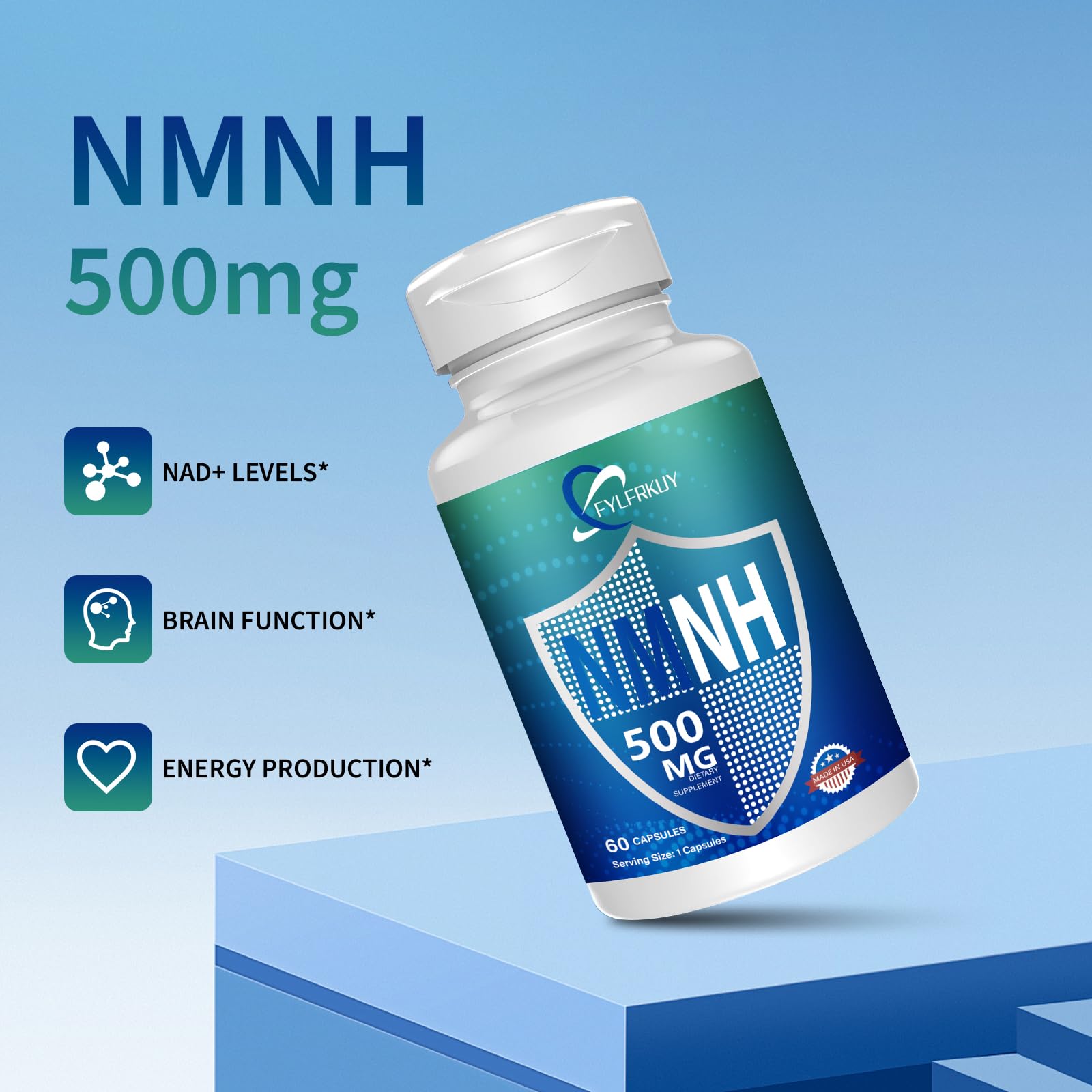 FYLFRKUY NMNH packaging box highlights vegan, gluten-free formula for daily use.