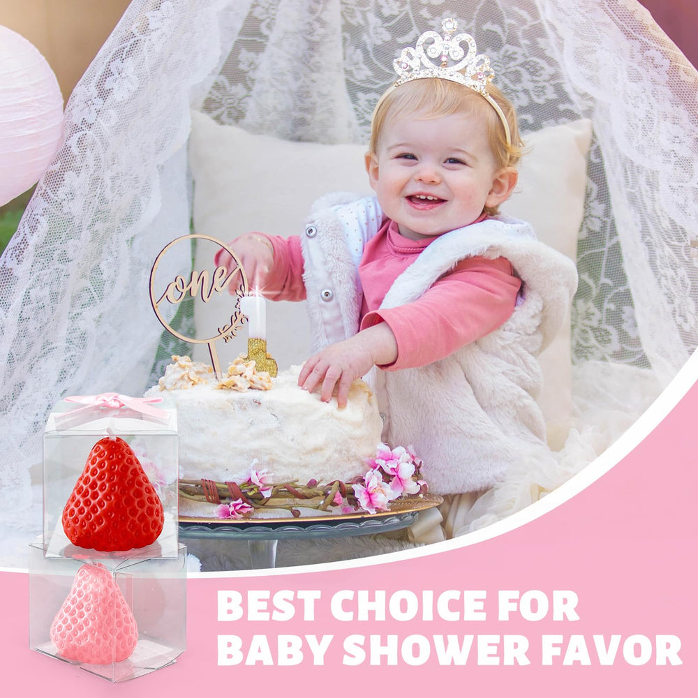 FYSUIMU baby shower decor with strawberry-shaped candles.