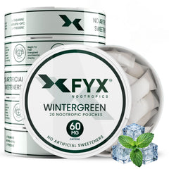 FYX caffeine nootropic pouches in wintergreen packaging for clean energy