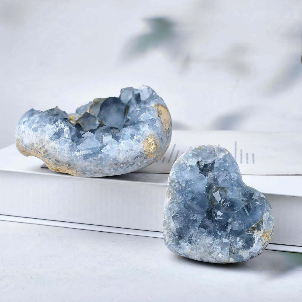 FZBHRO blue celestite geode heart closeup of pale blue crystals