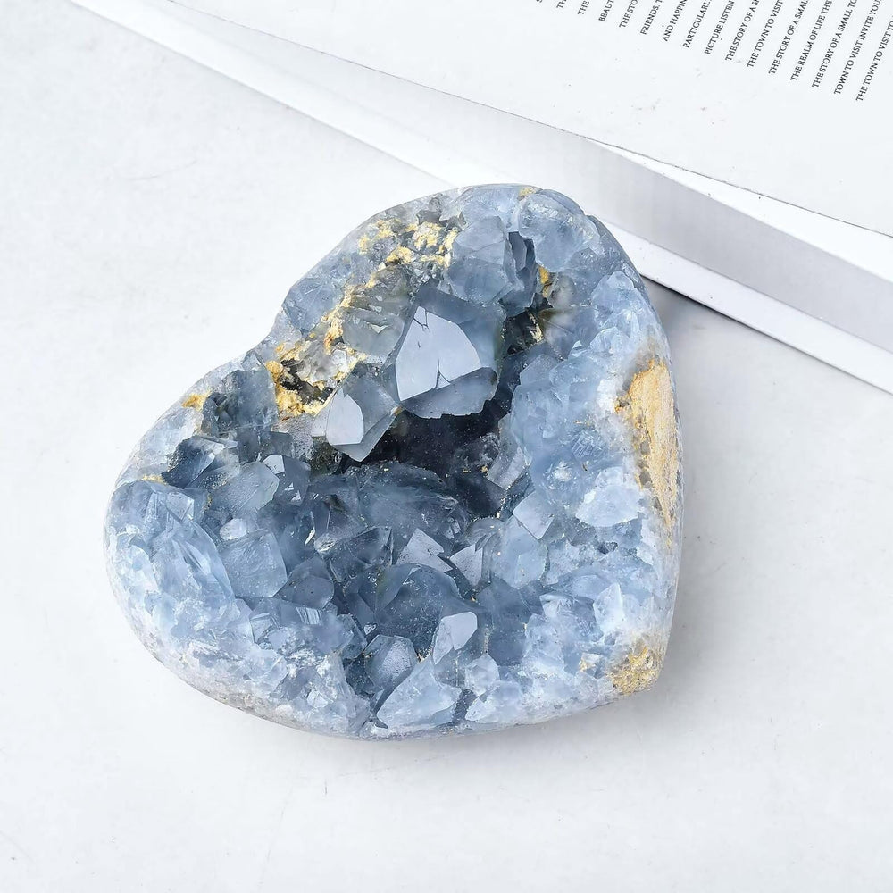 FZBHRO blue celestite geode heart on stand inspires calm concentration