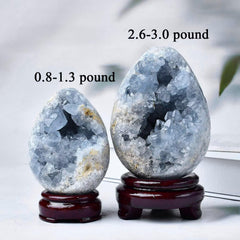 FZBHRO Celestite egg geode closeup shows delicate sky-blue crystals for meditation ambience