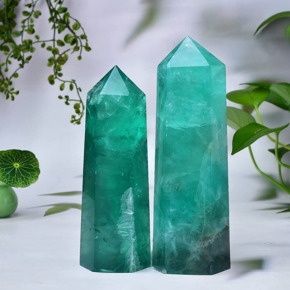 FZBHRO green fluorite quartz obelisk with hexagonal facets for calm decor