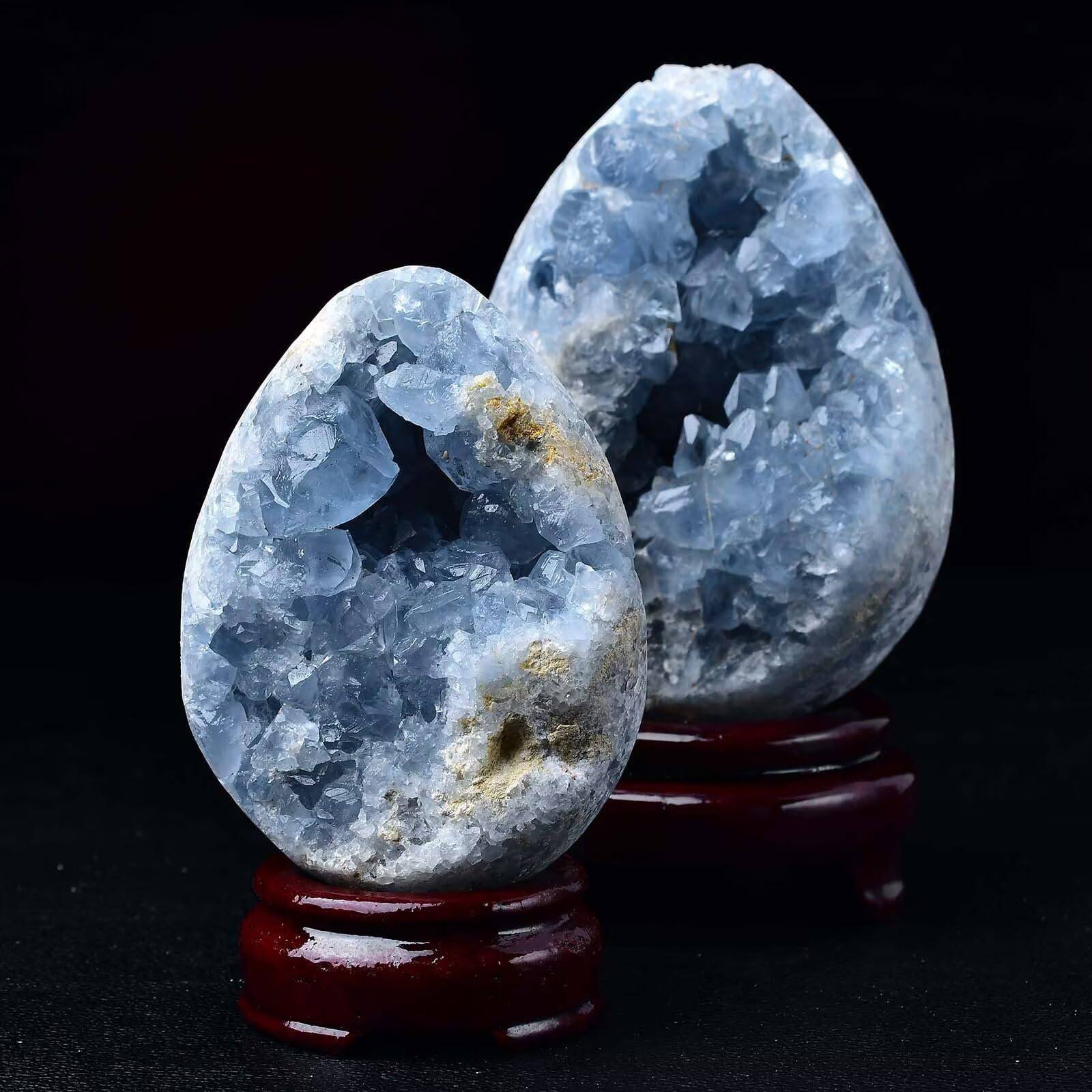 Hand-carved detail highlights craftsmanship of the celestite egg.