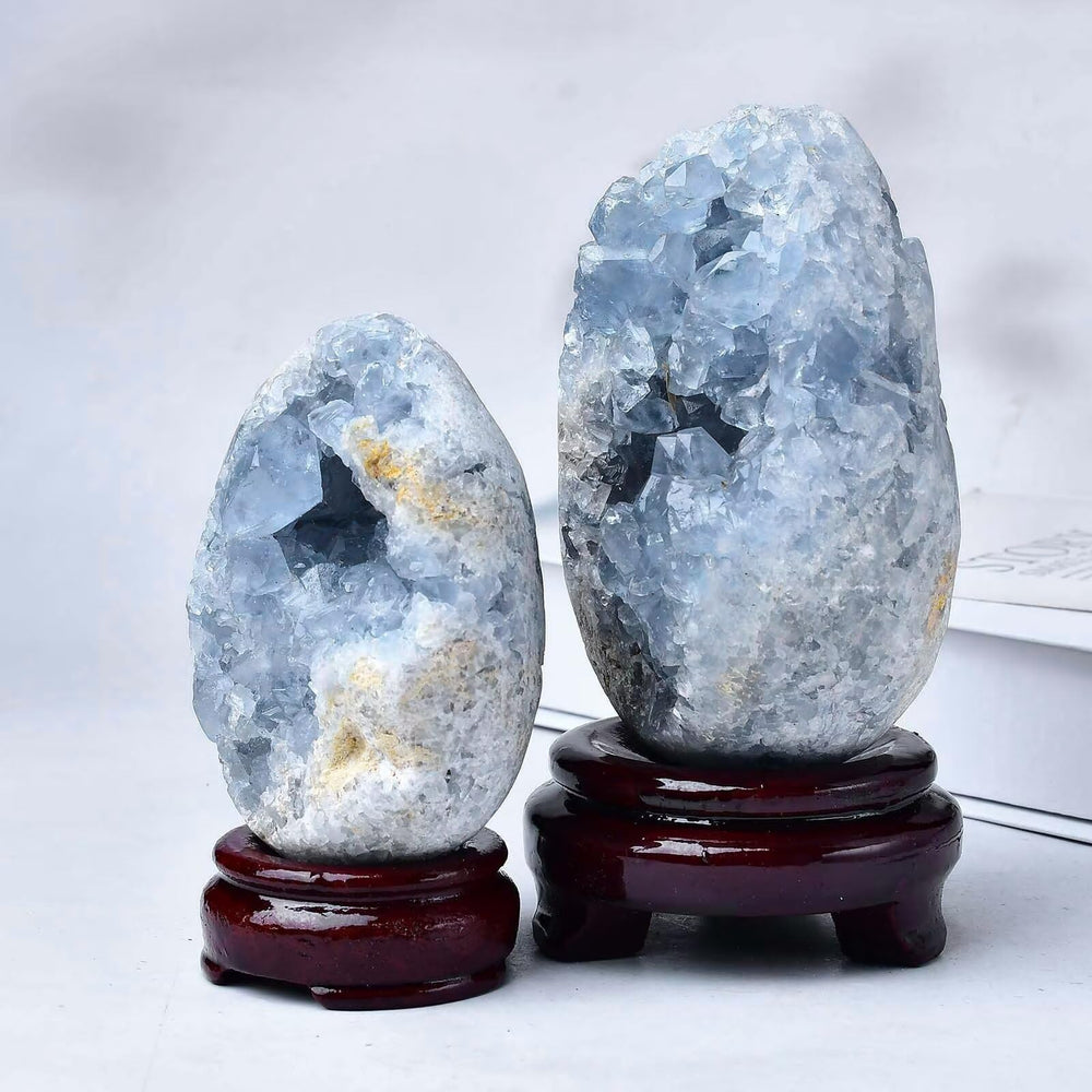 FZBHRO light passes through blue Celestite egg, creating soft glow