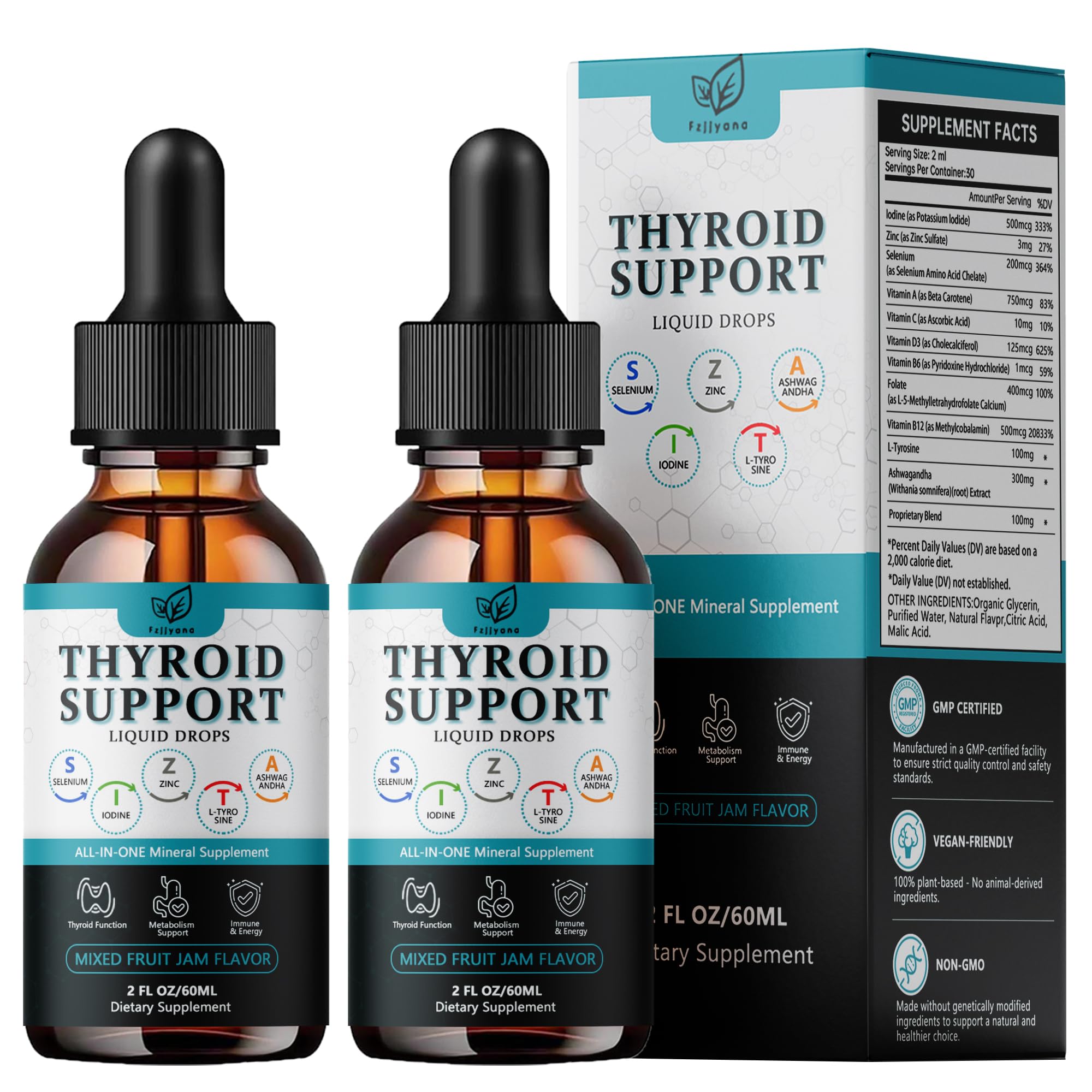 Fzjjyana Thyroid Drops bottle closeup highlighting natural formula for balanced energy