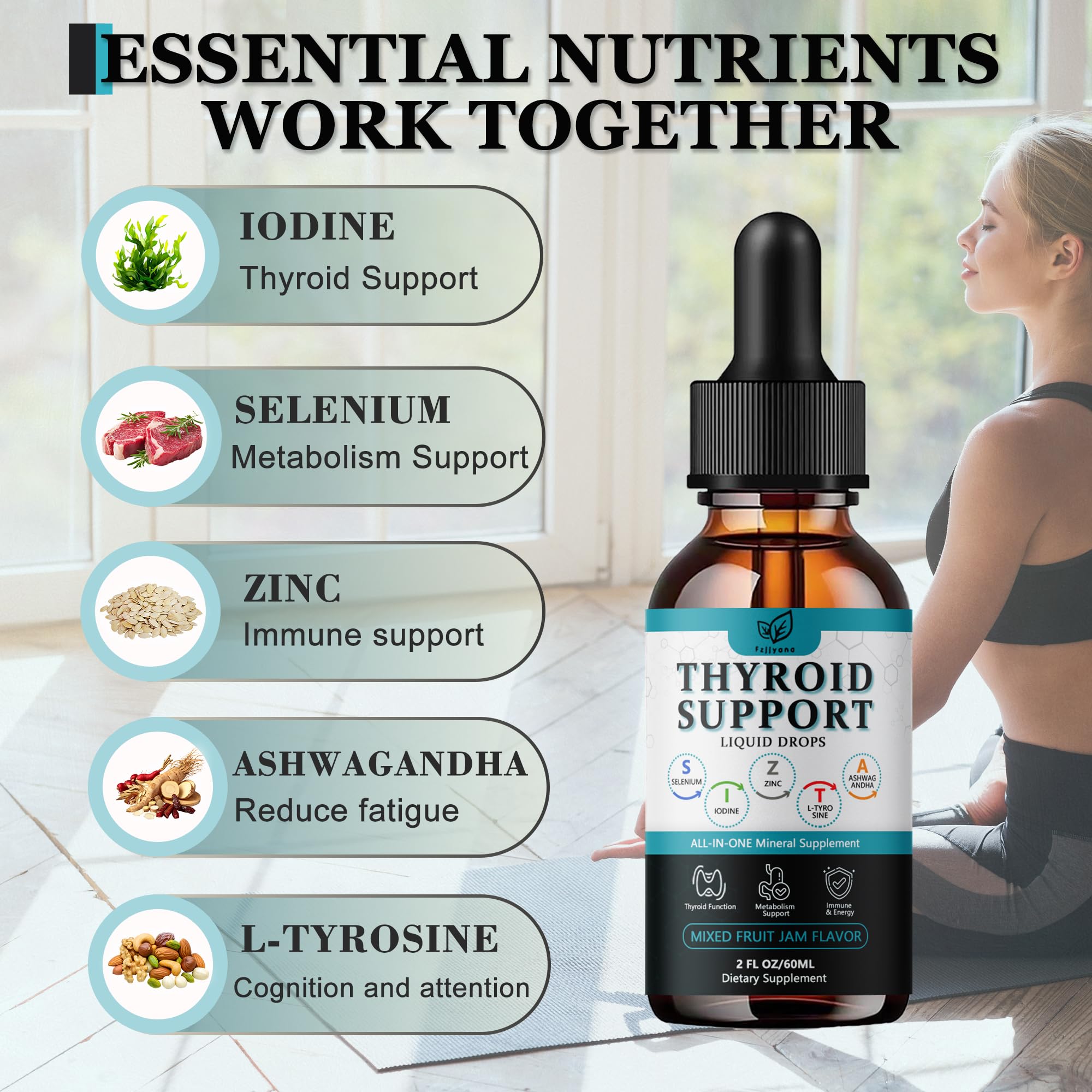 Fzjjyana Thyroid Drops dropper use showing 2 ml daily serving