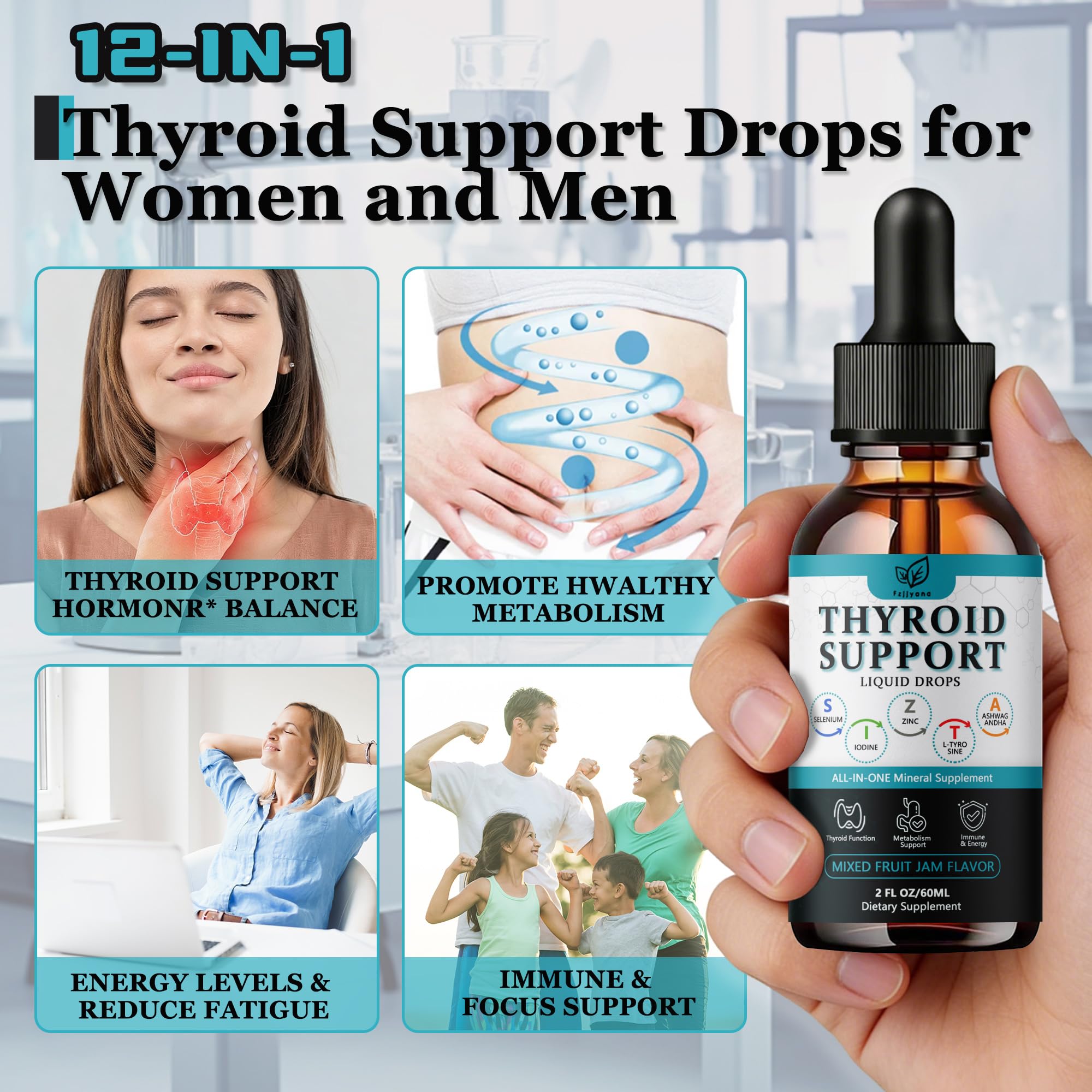 Fzjjyana Thyroid Drops ingredients chart highlighting vitamins and trace minerals