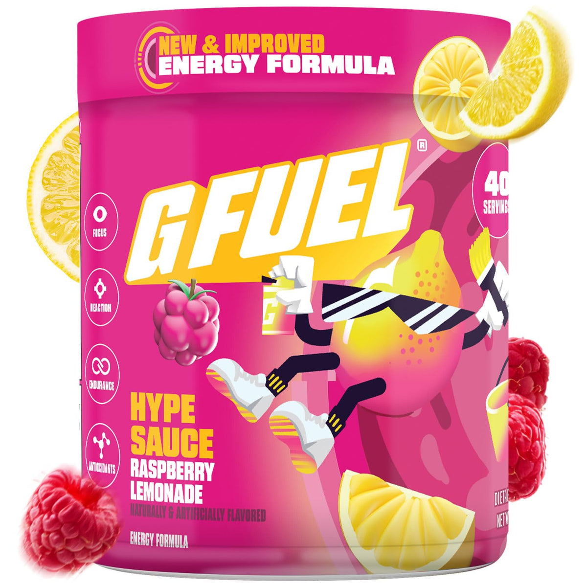 G Fuel Hype Sauce 2.0 tub front showing Raspberry Lemonade flavor for focused gaming energy